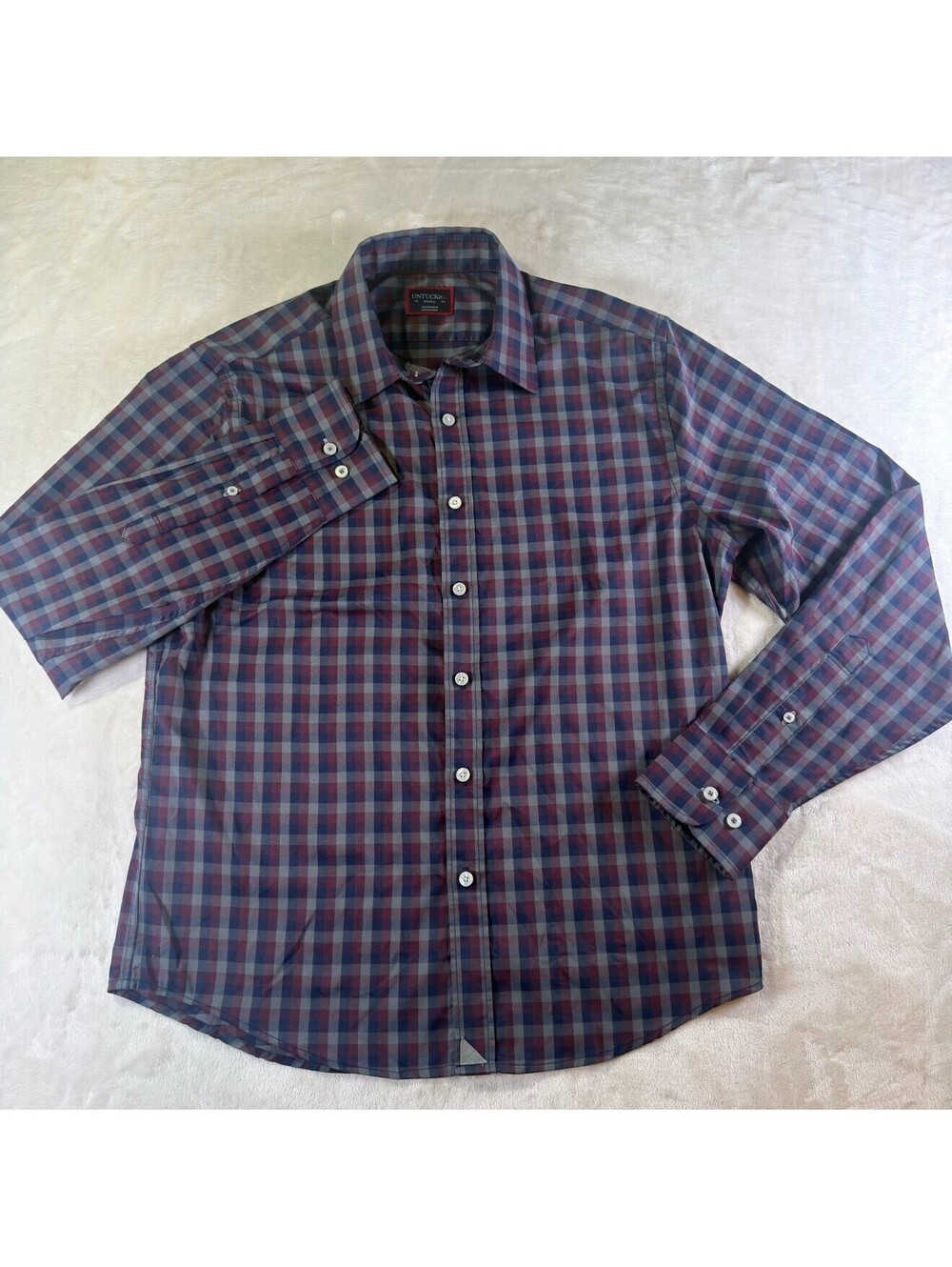 UNTUCKit Men's S Blue/Burgundy Check Dress Shirt, 100% Polyester